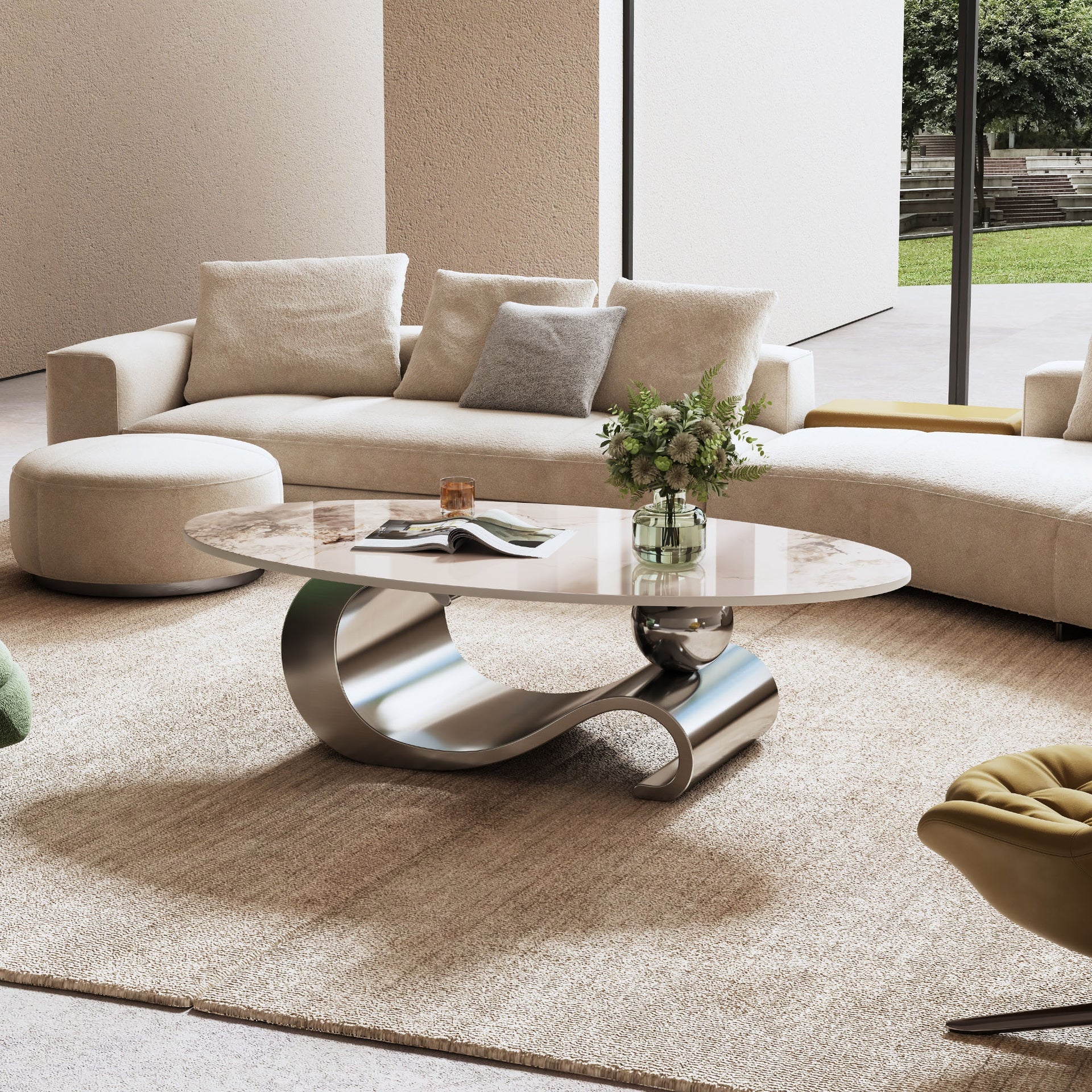 49.2" Faux Marble Oval Coffee Table, Contemporary Gray Stainless Steel Base, Modern Center Table for Living Room
