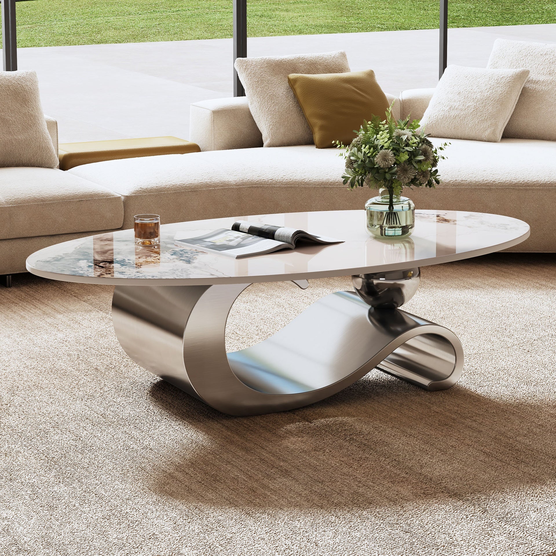 49.2" Faux Marble Oval Coffee Table, Contemporary Gray Stainless Steel Base, Modern Center Table for Living Room
