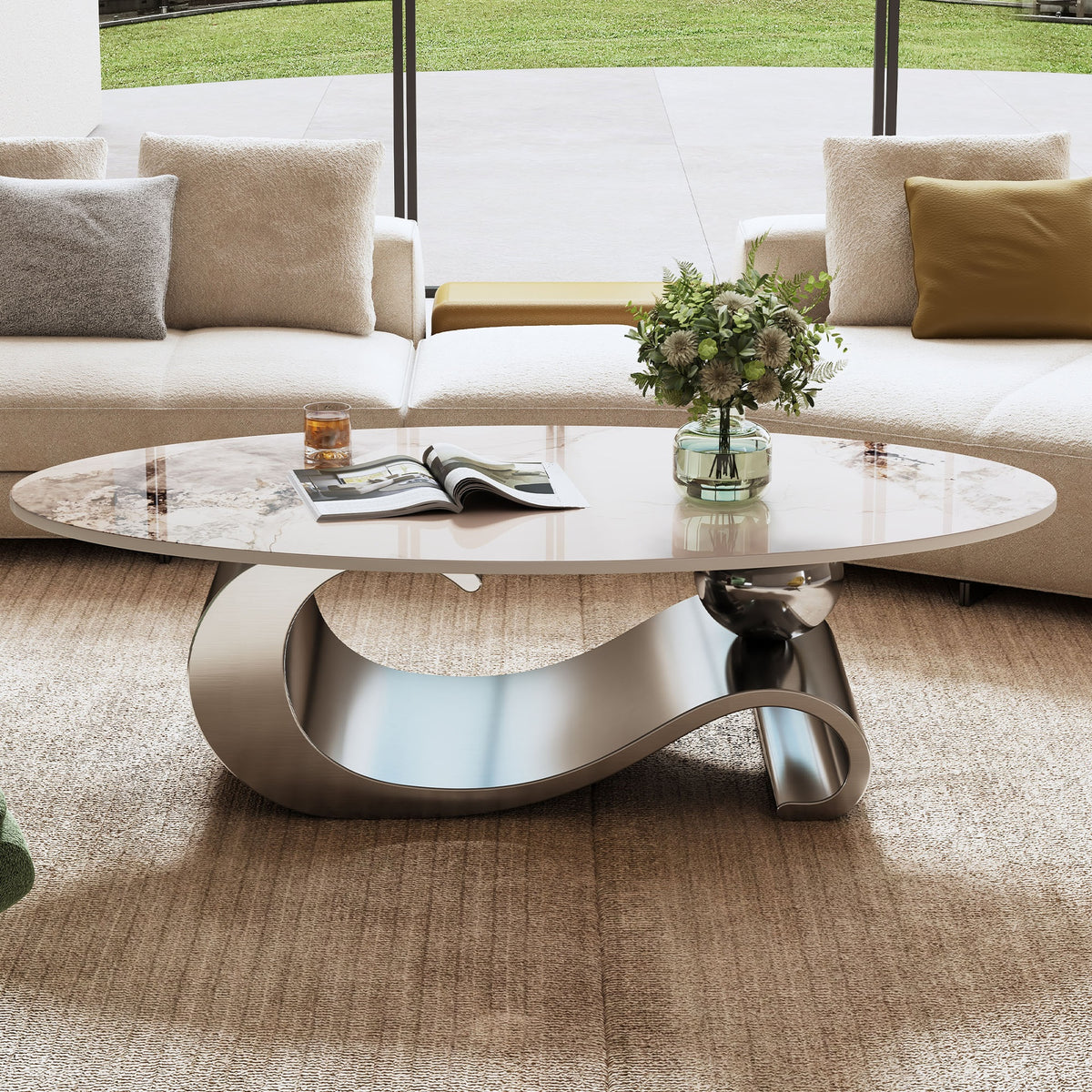 49.2" Faux Marble Oval Coffee Table, Contemporary Gray Stainless Steel Base, Modern Center Table for Living Room