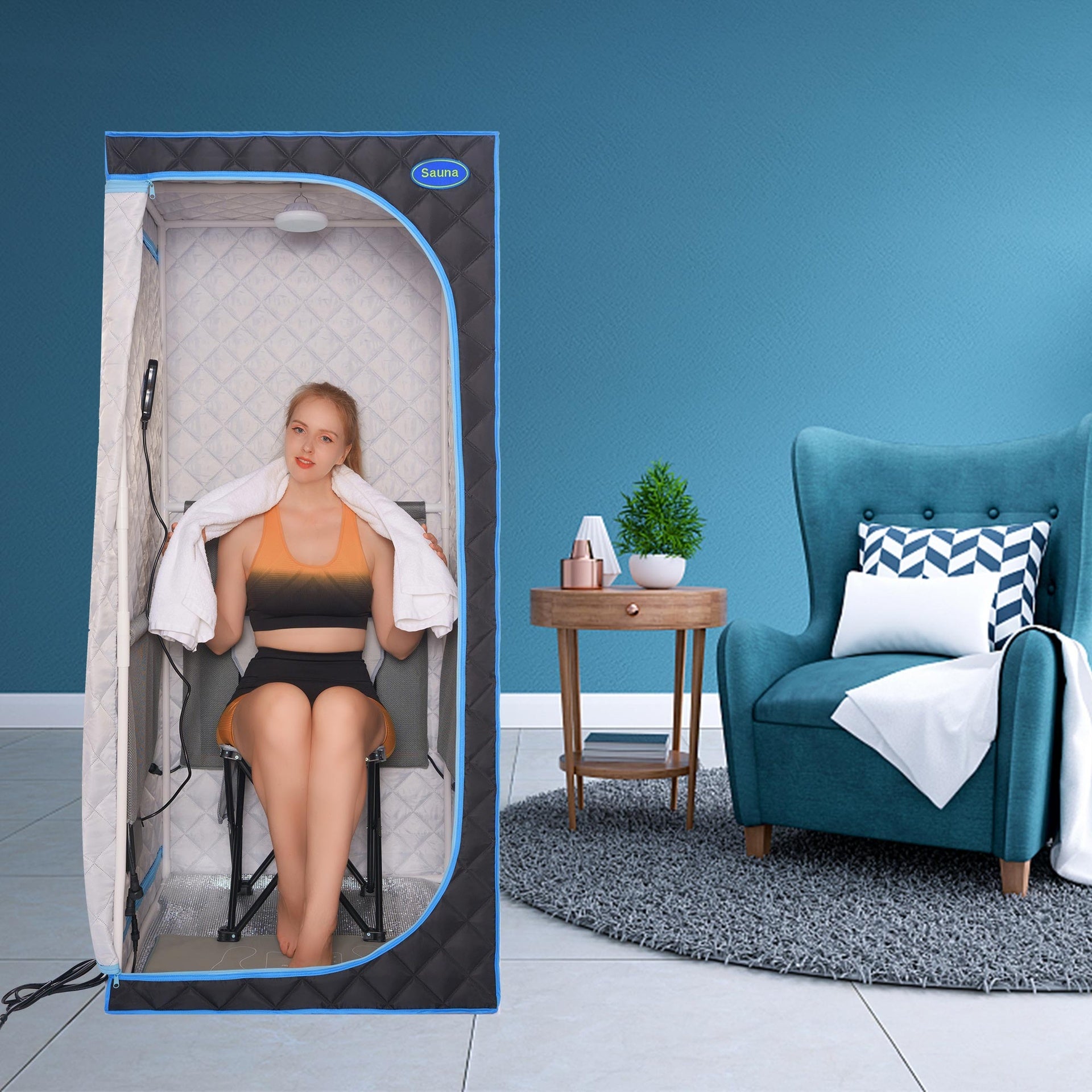 Portable Full Size Black Infrared Sauna tent–Personal Home Spa, with Infrared Panels, Heating Foot Pad,Controller, Foldable Chair ,Reading light.Easy to Install.Fast heating, with FCC Certification.
