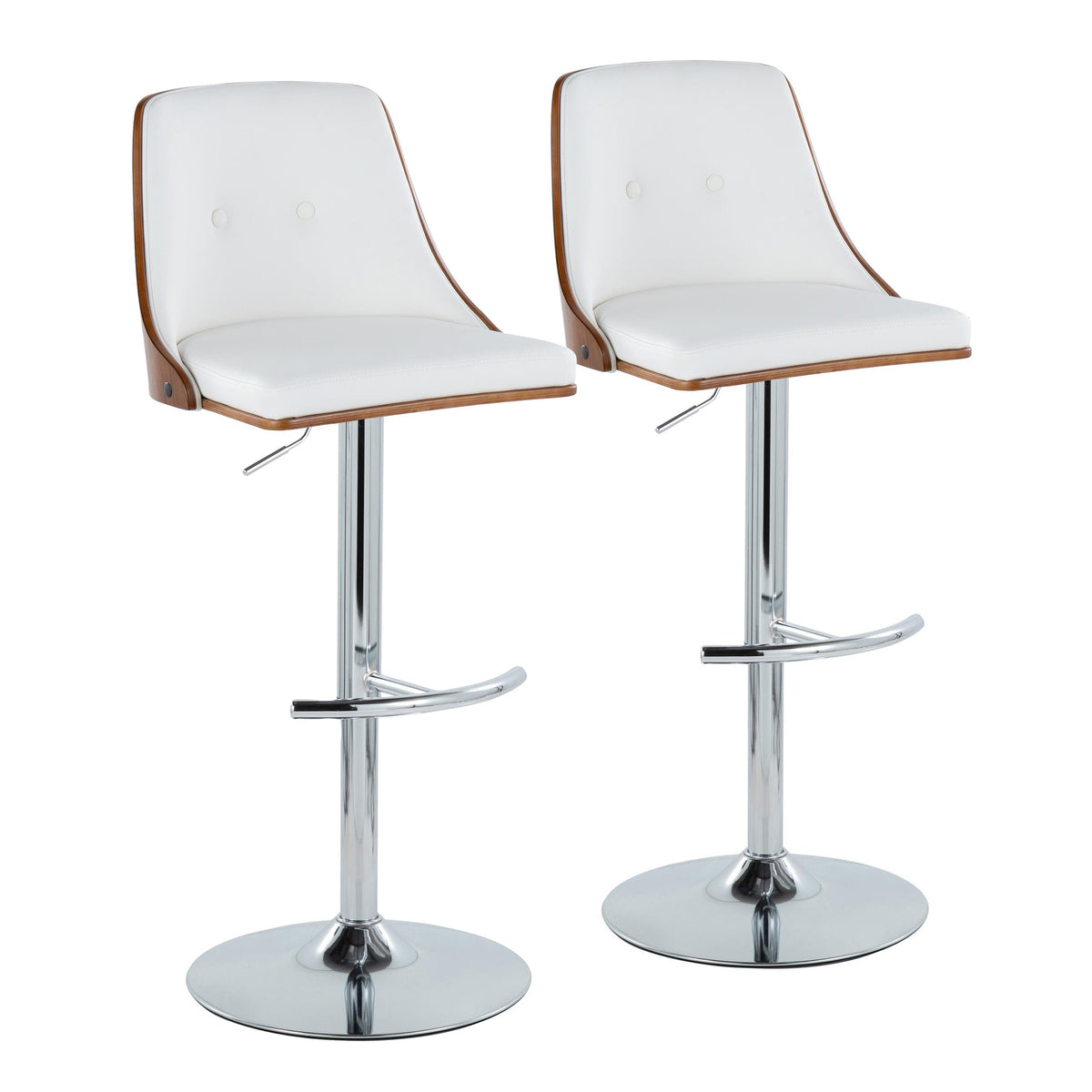 Gianna Mid-Century Modern Adjustable Barstool with Swivel in Chrome Metal, Walnut Wood and White Faux Leather with Rounded T Footrest by LumiSource - Set of 2
