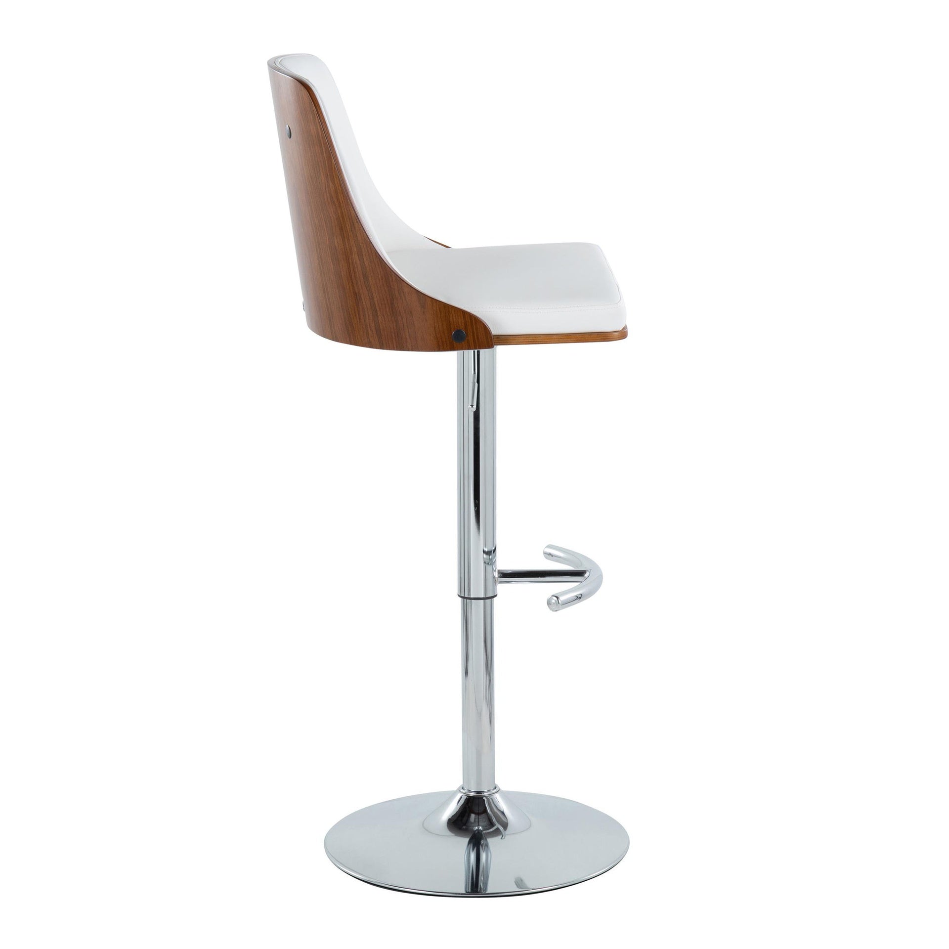 Gianna Mid-Century Modern Adjustable Barstool with Swivel in Chrome Metal, Walnut Wood and White Faux Leather with Rounded T Footrest by LumiSource - Set of 2
