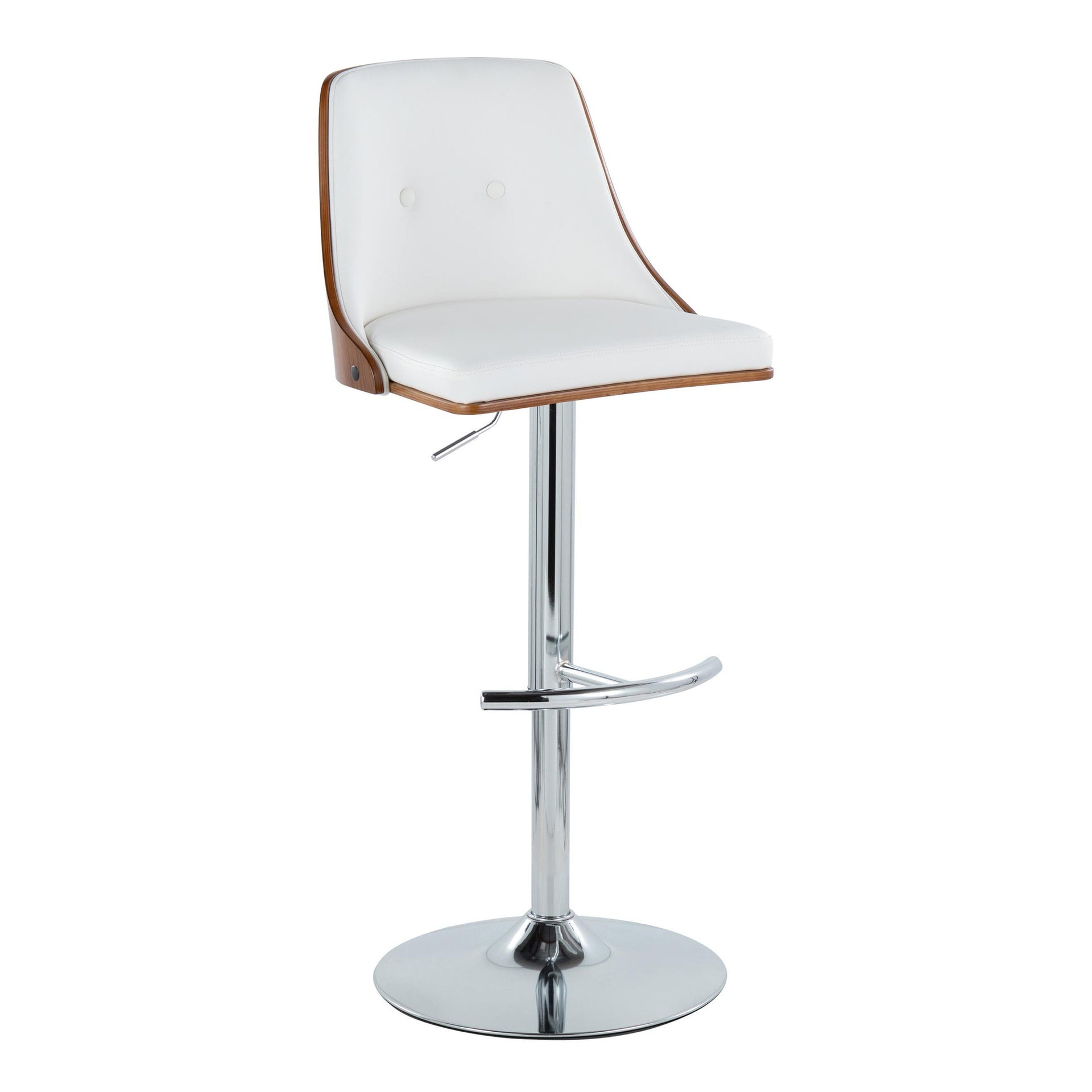 Gianna Mid-Century Modern Adjustable Barstool with Swivel in Chrome Metal, Walnut Wood and White Faux Leather with Rounded T Footrest by LumiSource - Set of 2