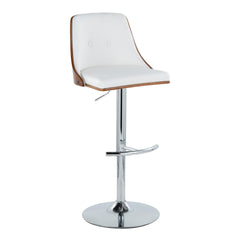 Gianna Mid-Century Modern Adjustable Barstool with Swivel in Chrome Metal, Walnut Wood and White Faux Leather with Rounded T Footrest by LumiSource - Set of 2