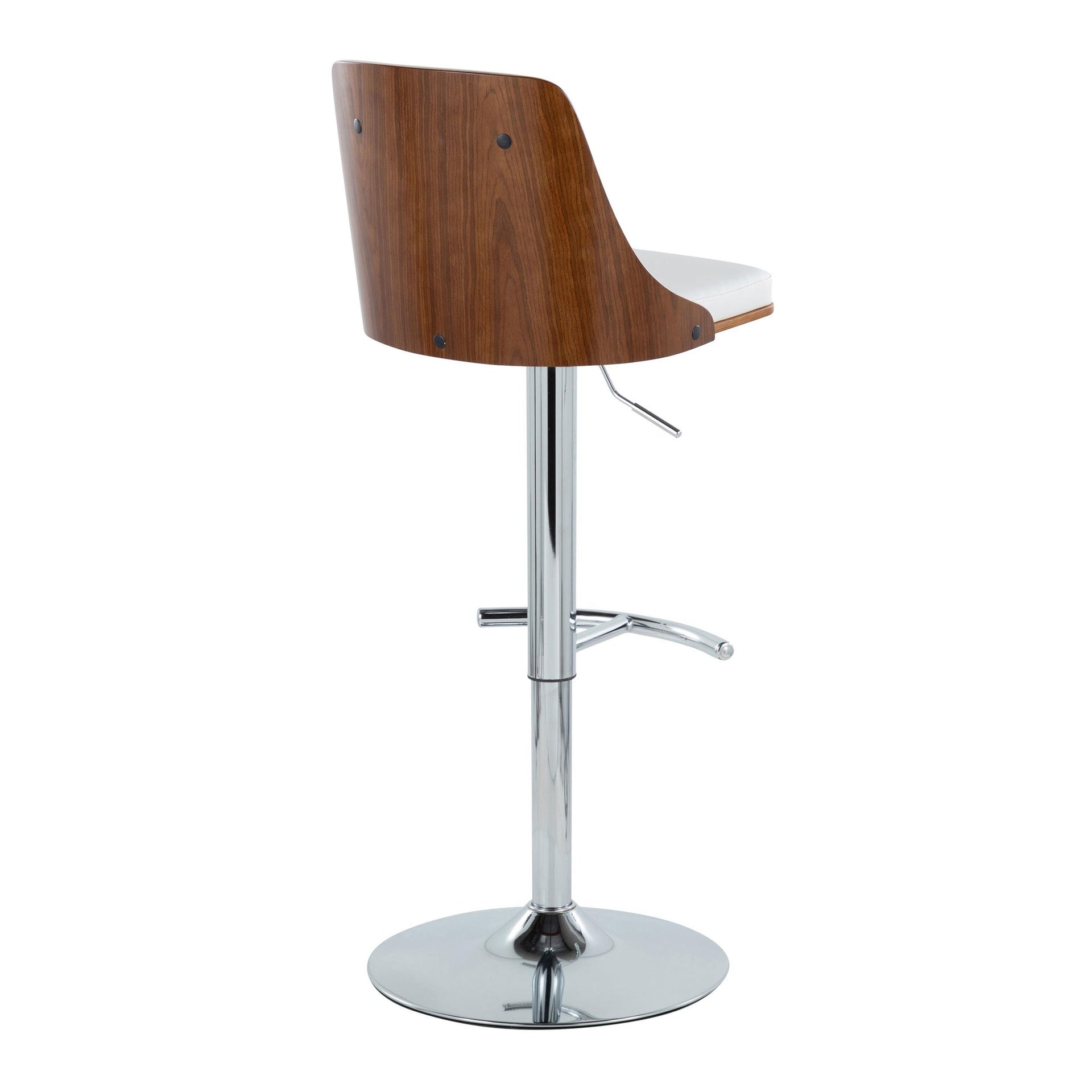 Gianna Mid-Century Modern Adjustable Barstool with Swivel in Chrome Metal, Walnut Wood and White Faux Leather with Rounded T Footrest by LumiSource - Set of 2
