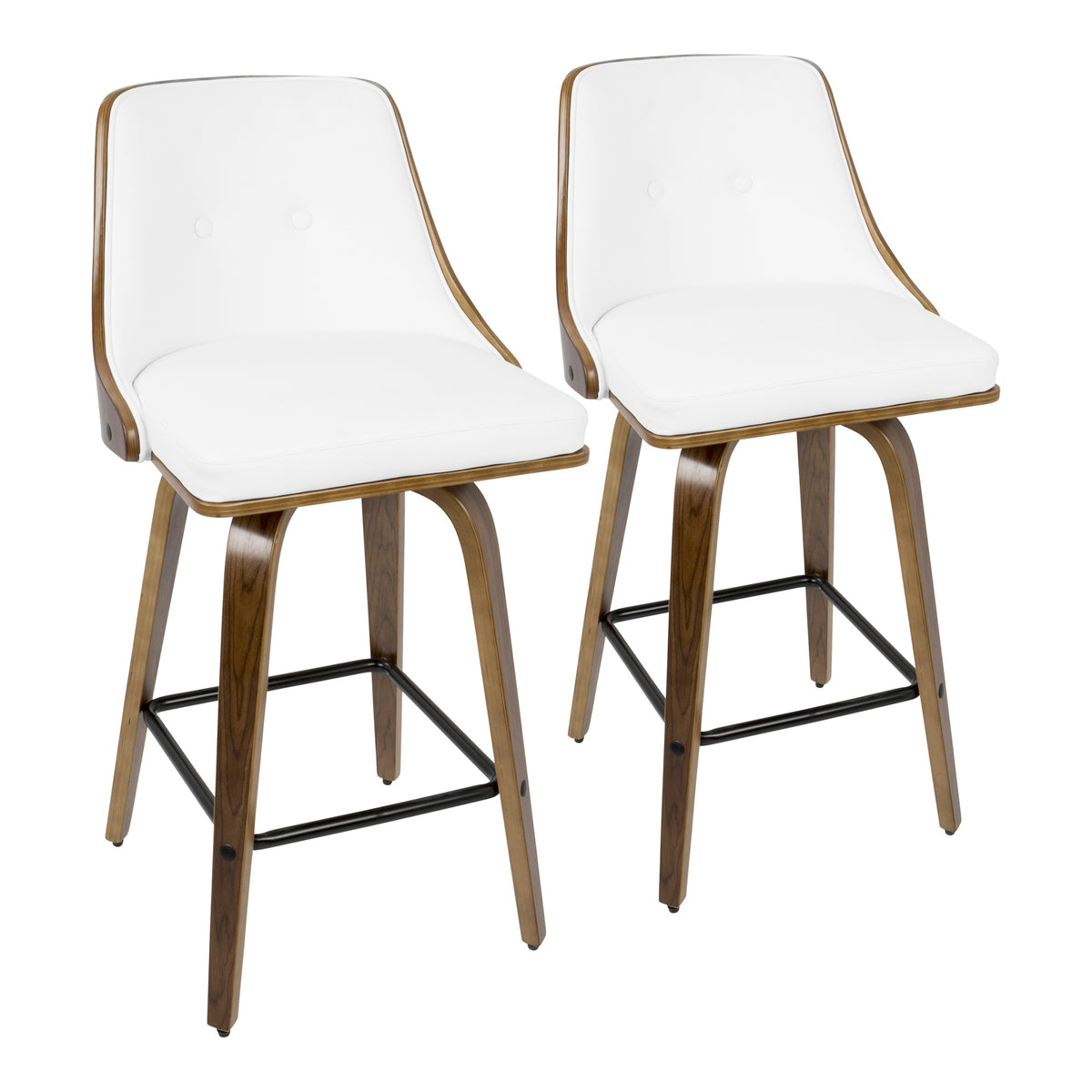 Gianna 26" Mid-Century Modern Counter Stool in Walnut with White Faux Leather by LumiSource - Set of 2