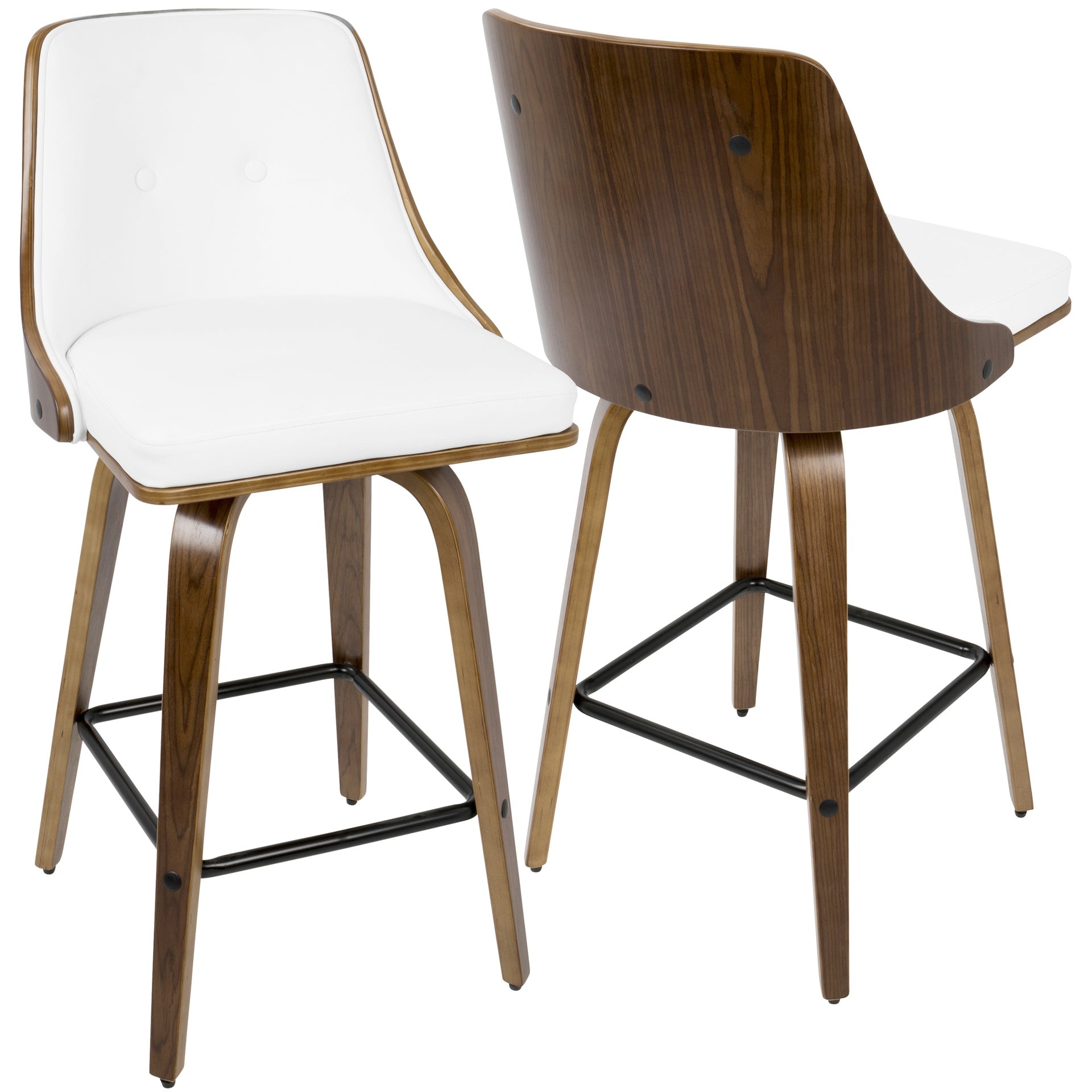 Gianna 26" Mid-Century Modern Counter Stool in Walnut with White Faux Leather by LumiSource - Set of 2