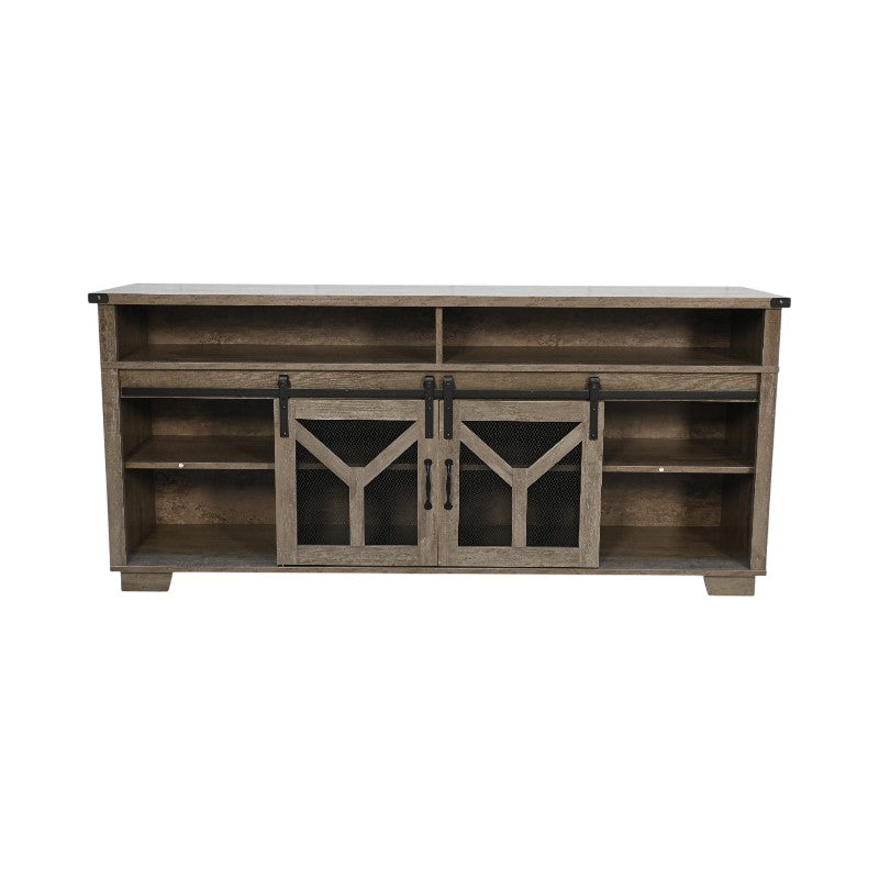 65.3" TV Stand with LED light strips and Iron mesh barn door Y decorative strip country grey farmhouse style