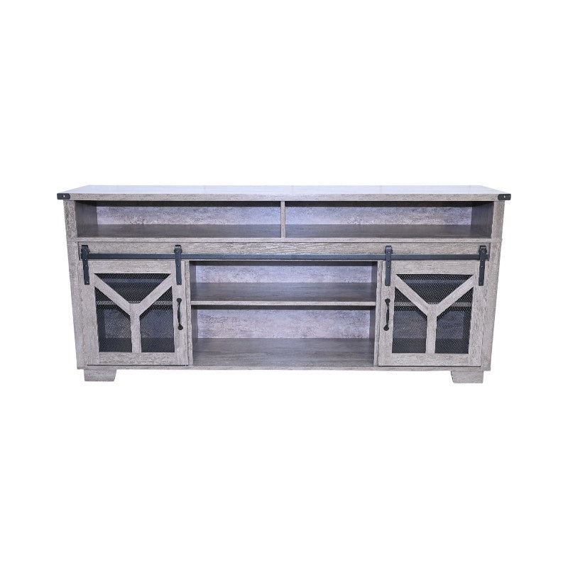 65.3" TV Stand with LED light strips and Iron mesh barn door Y decorative strip country grey farmhouse style