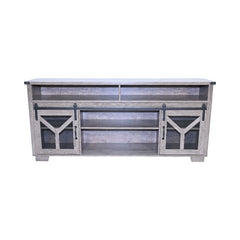65.3" TV Stand with LED light strips and Iron mesh barn door Y decorative strip country grey farmhouse style