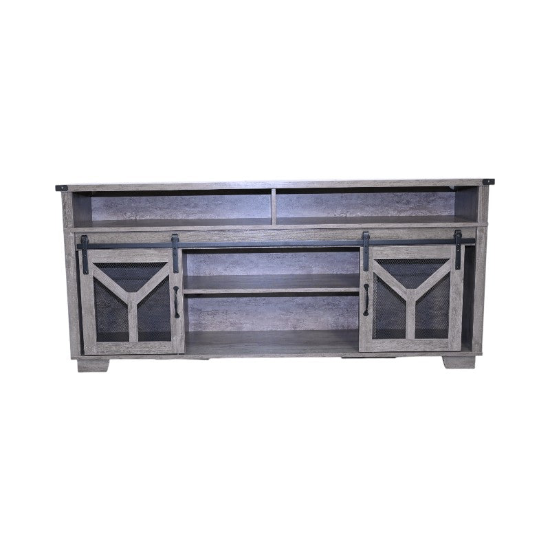 65.3" TV Stand with LED light strips and Iron mesh barn door Y decorative strip country grey farmhouse style