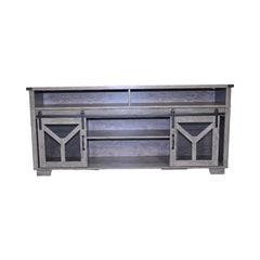 65.3" TV Stand with LED light strips and Iron mesh barn door Y decorative strip country grey farmhouse style