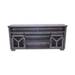65.3" TV Stand with LED light strips and Iron mesh barn door Y decorative strip country grey farmhouse style