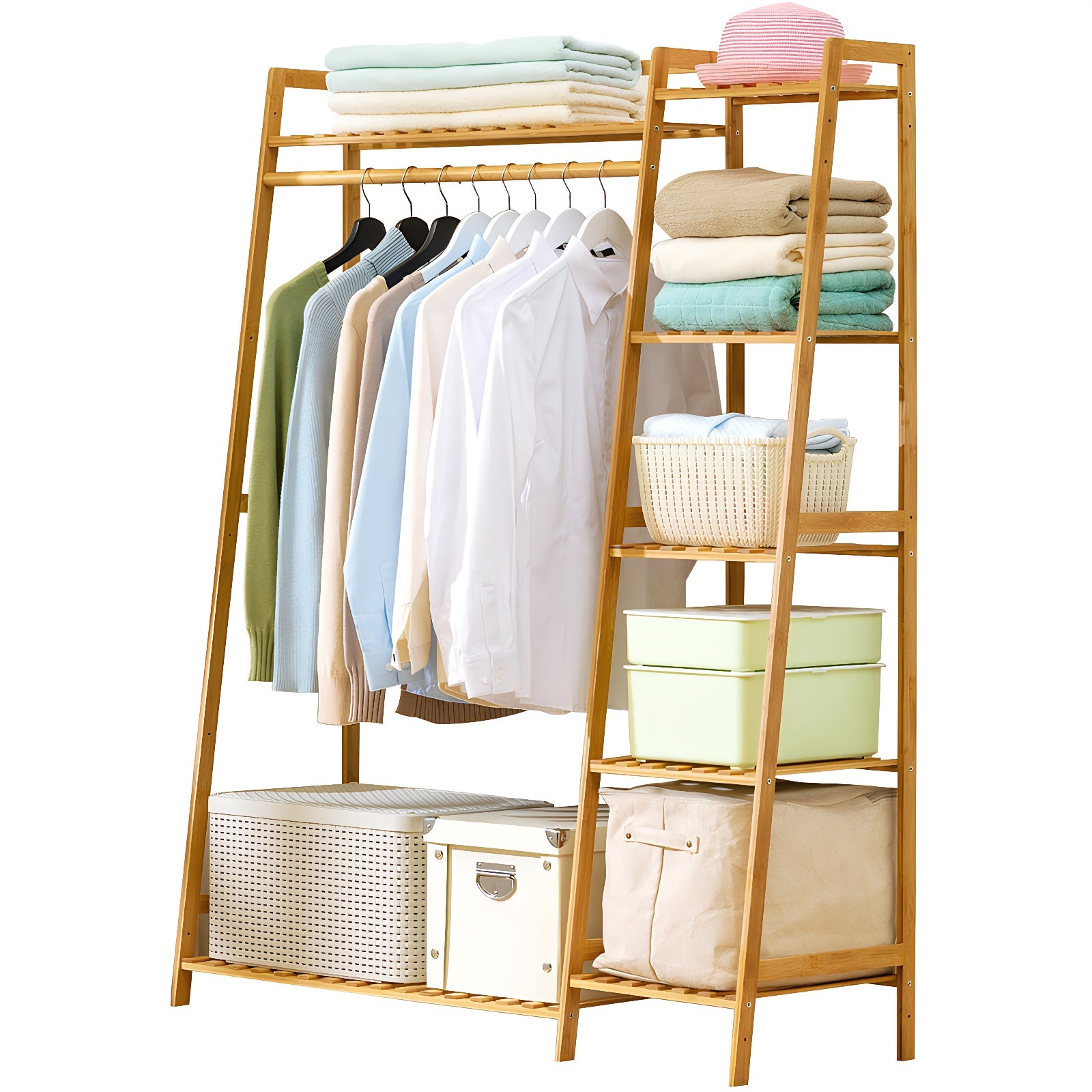 Bamboo Clothing Garment Rack, Free Standing Clothes Coat Hanger, Closet Organizer w/Shoe Rack, Multi-tiered Wardrobe Storage Shelves, Clothes Hanging Racks for Hall, Living Room, Bedroom, Entryway