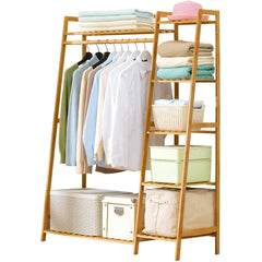Bamboo Clothing Garment Rack, Free Standing Clothes Coat Hanger, Closet Organizer w/Shoe Rack, Multi-tiered Wardrobe Storage Shelves, Clothes Hanging Racks for Hall, Living Room, Bedroom, Entryway