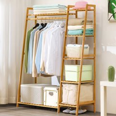Bamboo Clothing Garment Rack, Free Standing Clothes Coat Hanger, Closet Organizer w/Shoe Rack, Multi-tiered Wardrobe Storage Shelves, Clothes Hanging Racks for Hall, Living Room, Bedroom, Entryway