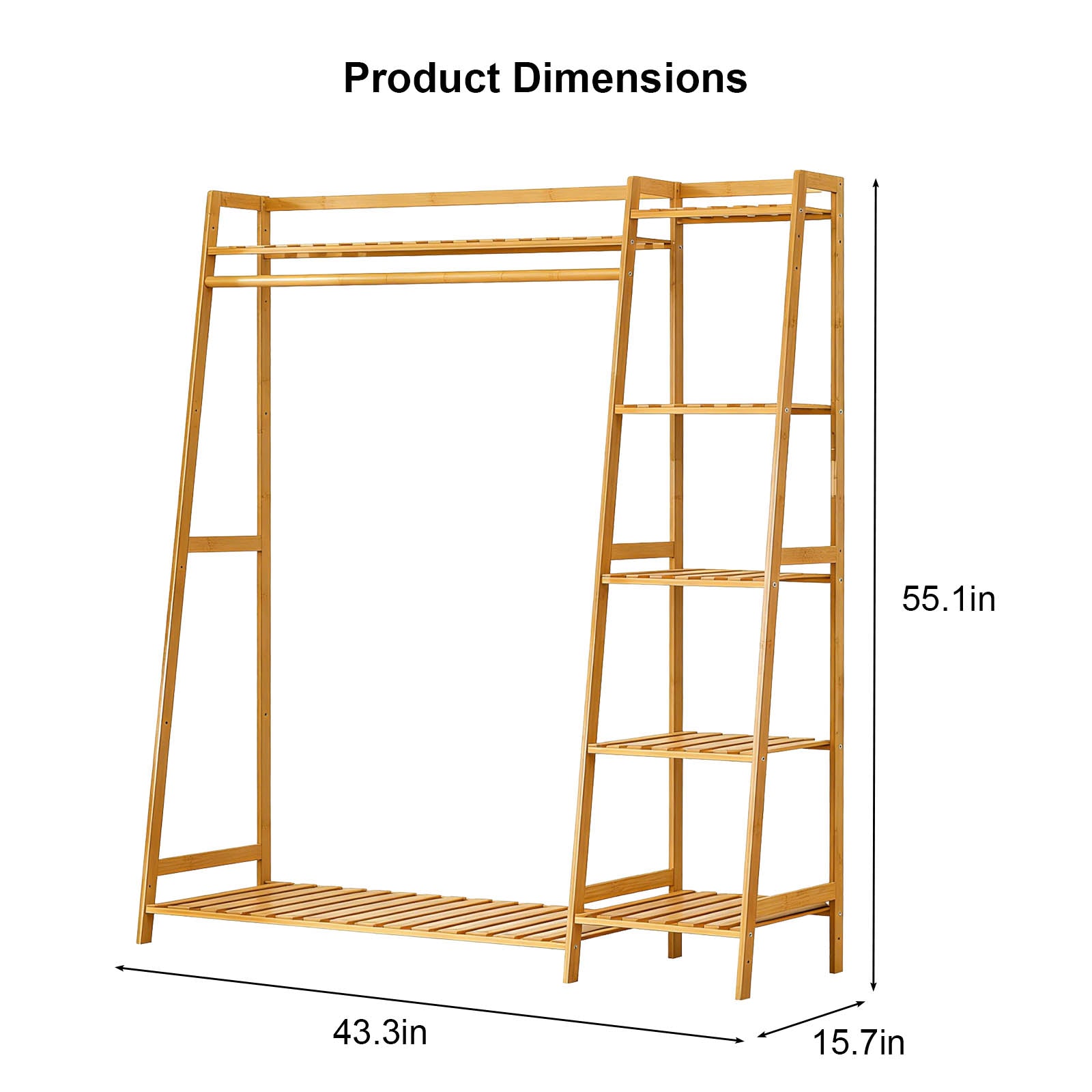 Bamboo Clothing Garment Rack, Free Standing Clothes Coat Hanger, Closet Organizer w/Shoe Rack, Multi-tiered Wardrobe Storage Shelves, Clothes Hanging Racks for Hall, Living Room, Bedroom, Entryway