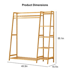 Bamboo Clothing Garment Rack, Free Standing Clothes Coat Hanger, Closet Organizer w/Shoe Rack, Multi-tiered Wardrobe Storage Shelves, Clothes Hanging Racks for Hall, Living Room, Bedroom, Entryway
