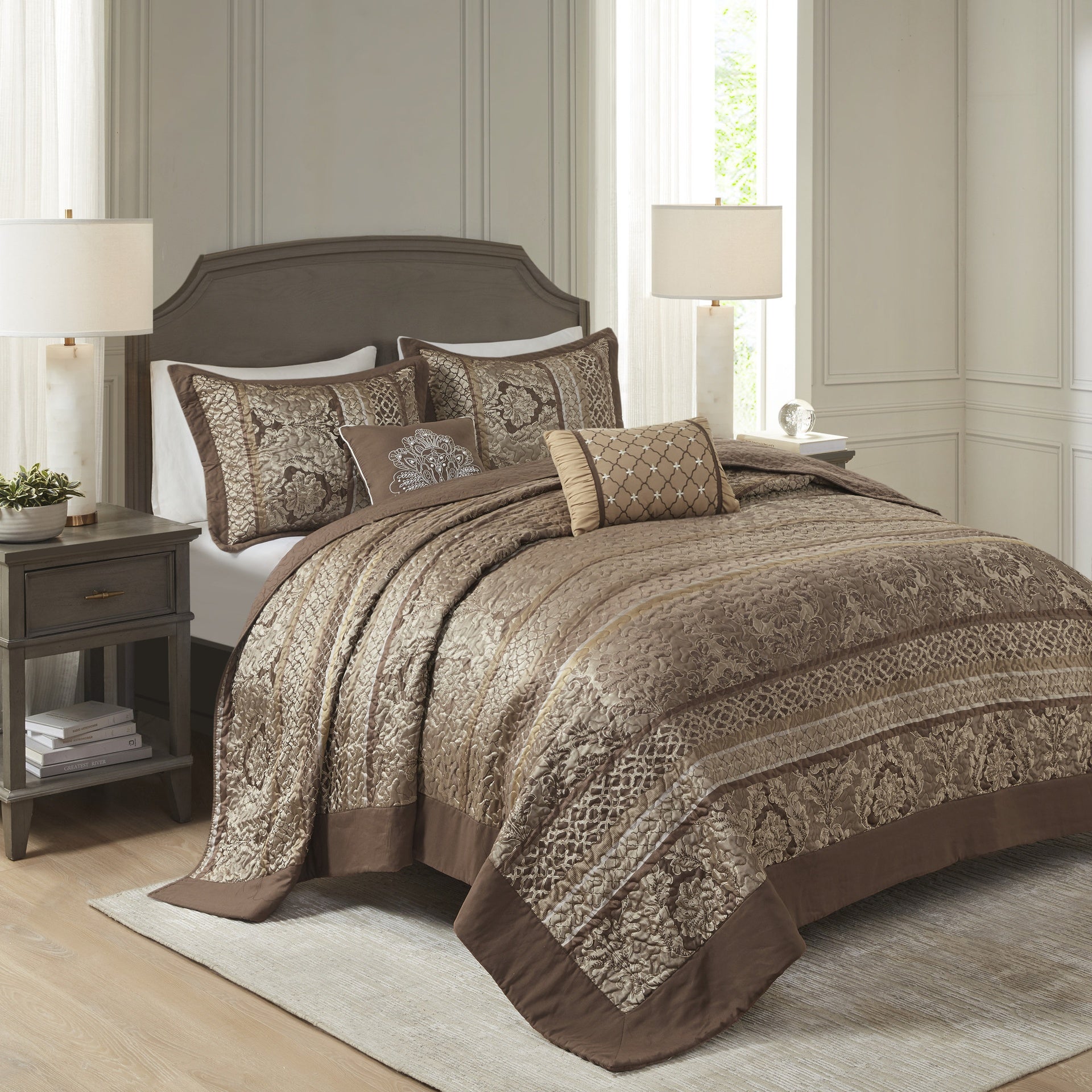 5 Piece Reversible Jacquard Bedspread Set Brown/Gold Queen