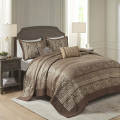 5 Piece Reversible Jacquard Bedspread Set Brown/Gold Queen