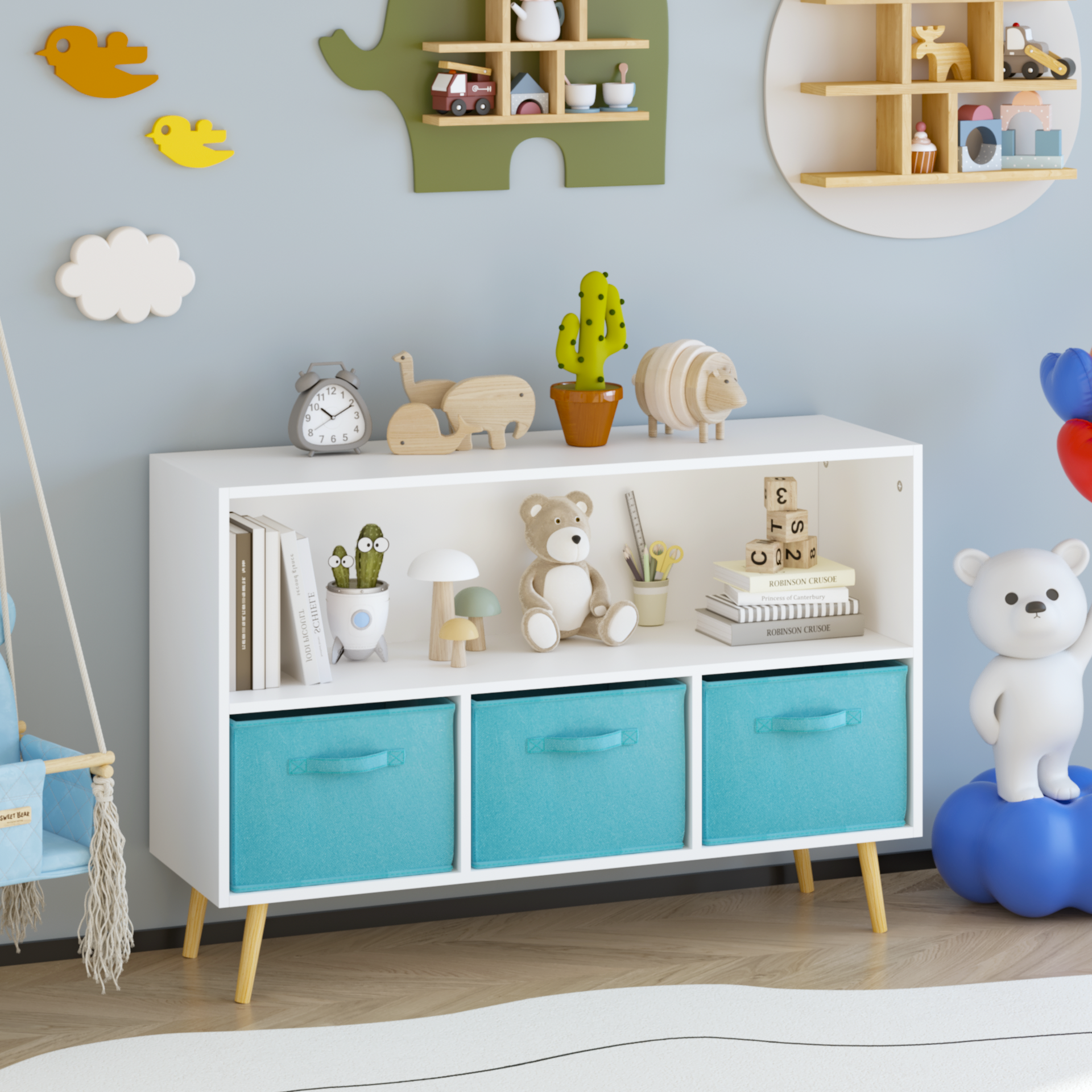 Kids bookcase with Collapsible Fabric Drawers, Children's Book Display, Toy Storage Cabinet Organizer, White/Blue