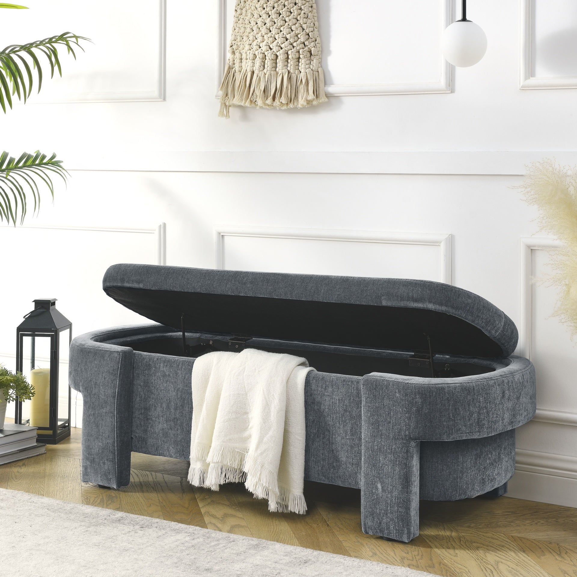 Chenille Upholstered Bench with Large Storage Space for the Living Room, Entryway and Bedroom,Grey,( 51.5''x20.5''x17'' )