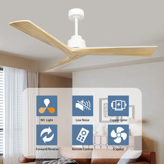 52" Wood Ceiling Fan NO light, 3 Reversible Blades, with 6 Speeds Reversible DC Motor,Low Profile Ceiling Fan with no light for Living Room Kitchen Bedroom