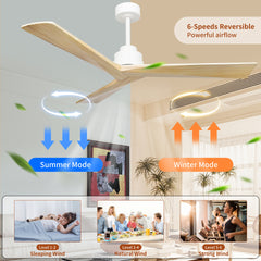 52" Wood Ceiling Fan NO light, 3 Reversible Blades, with 6 Speeds Reversible DC Motor,Low Profile Ceiling Fan with no light for Living Room Kitchen Bedroom