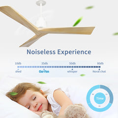 52" Wood Ceiling Fan NO light, 3 Reversible Blades, with 6 Speeds Reversible DC Motor,Low Profile Ceiling Fan with no light for Living Room Kitchen Bedroom