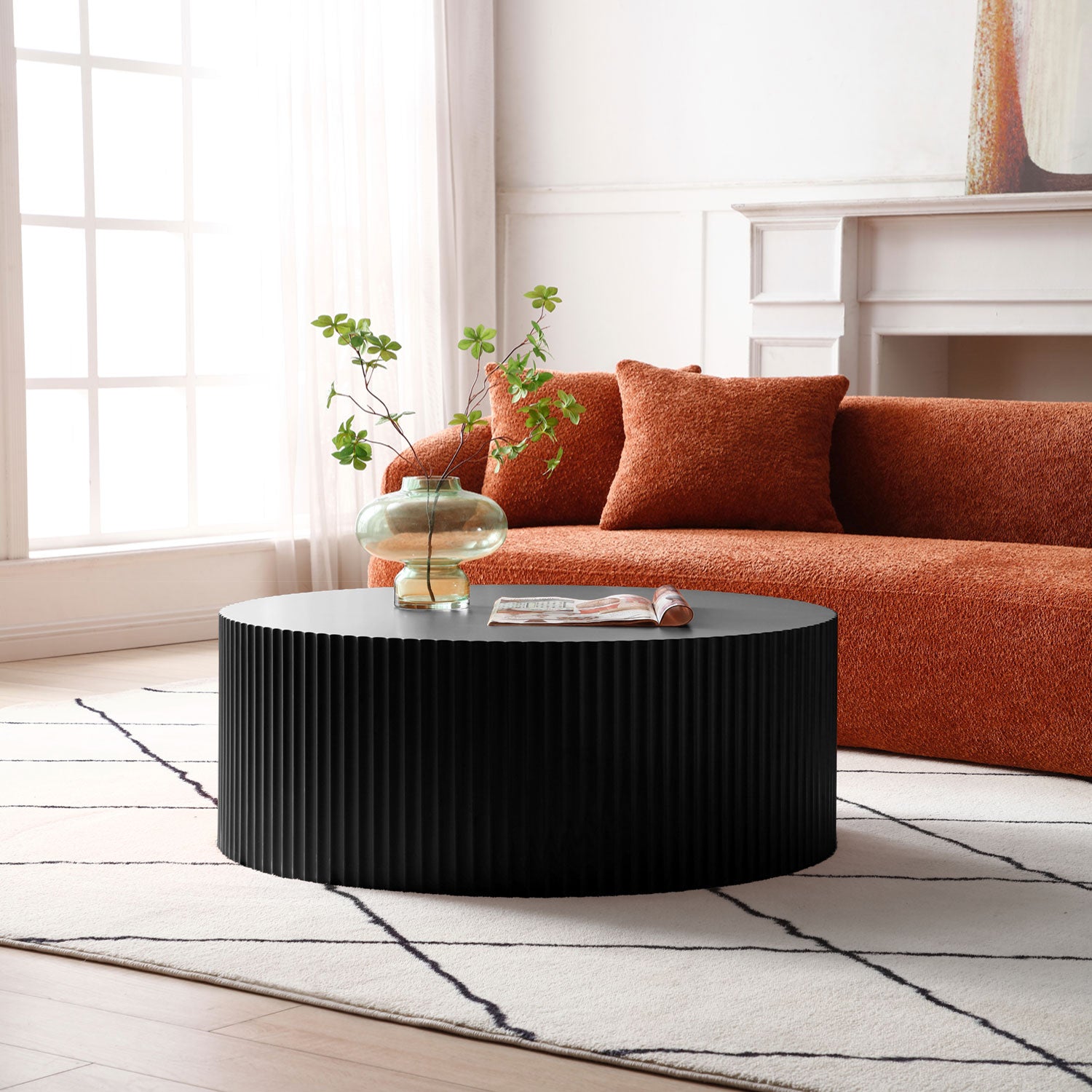Sleek and Modern Round Coffee Table with Eye-Catching Relief Design, Black(Same Sku:W87676996)