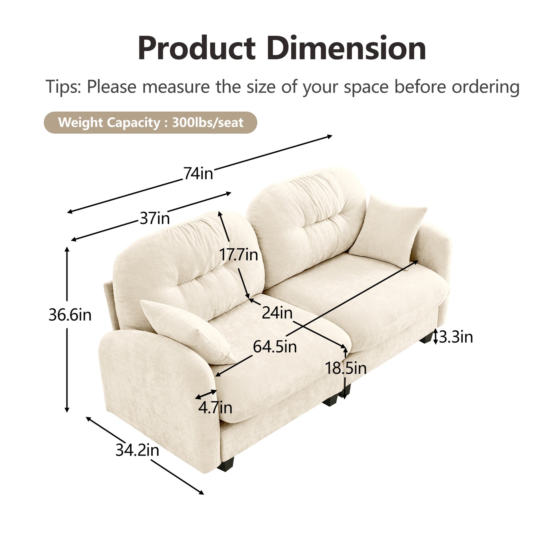 Loveseat Cloud Sectional Couches Chenille Fabric, Tufted Cushion Backrest Design, Ergonomic Design, High-Density Foam Easy Install Elegant Armrests High Quality Wooden Base,Fits Living Rooms,Beige