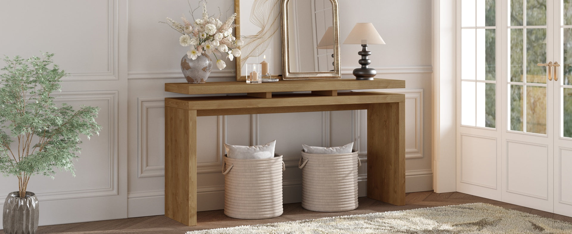 60'' Antique Brown Farmhouse Console Table - Retro Wooden Entryway Table with Double Board Suspension Design, Solid Wood & MDF, Sofa Table for Living Room