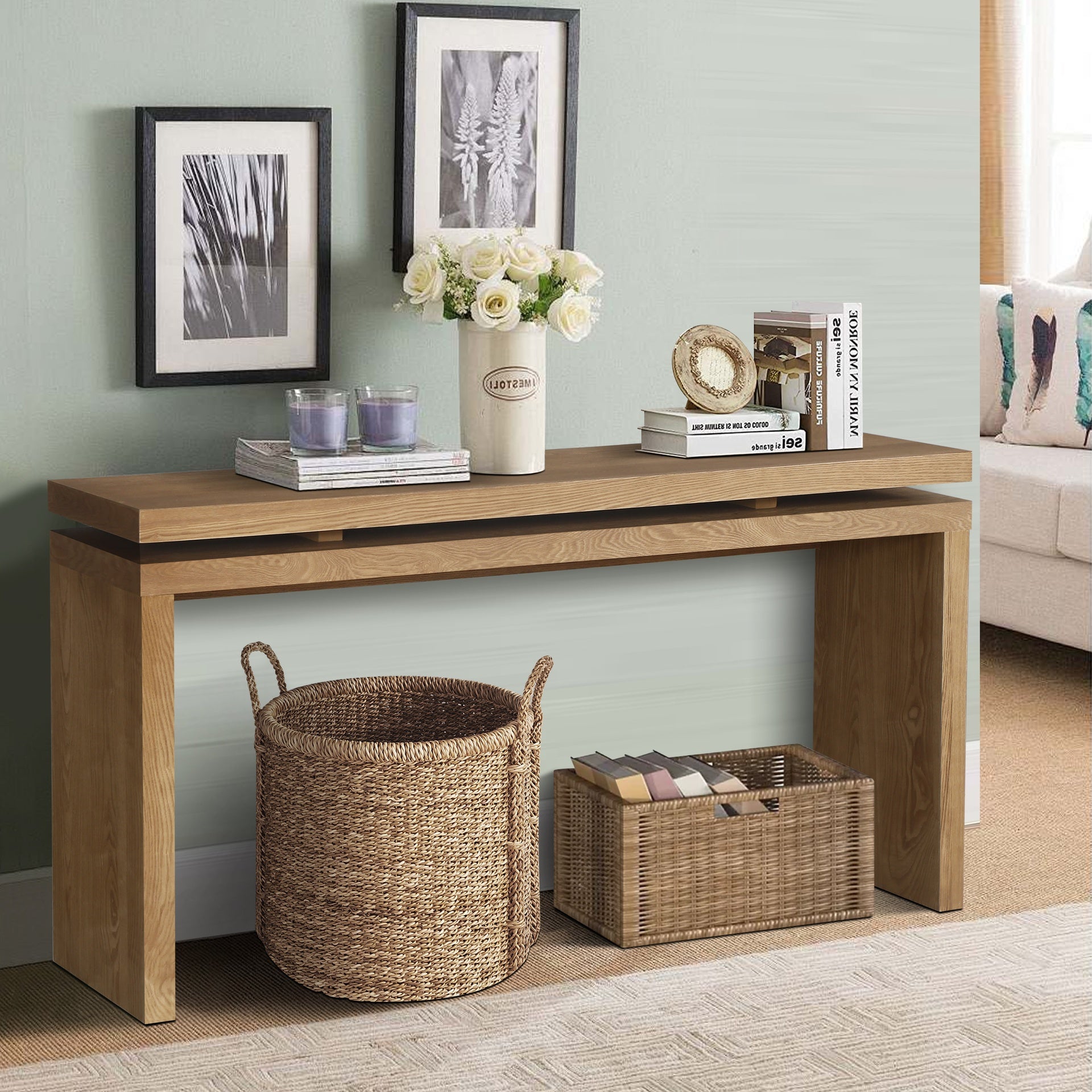 60'' Antique Brown Farmhouse Console Table - Retro Wooden Entryway Table with Double Board Suspension Design, Solid Wood & MDF, Sofa Table for Living Room