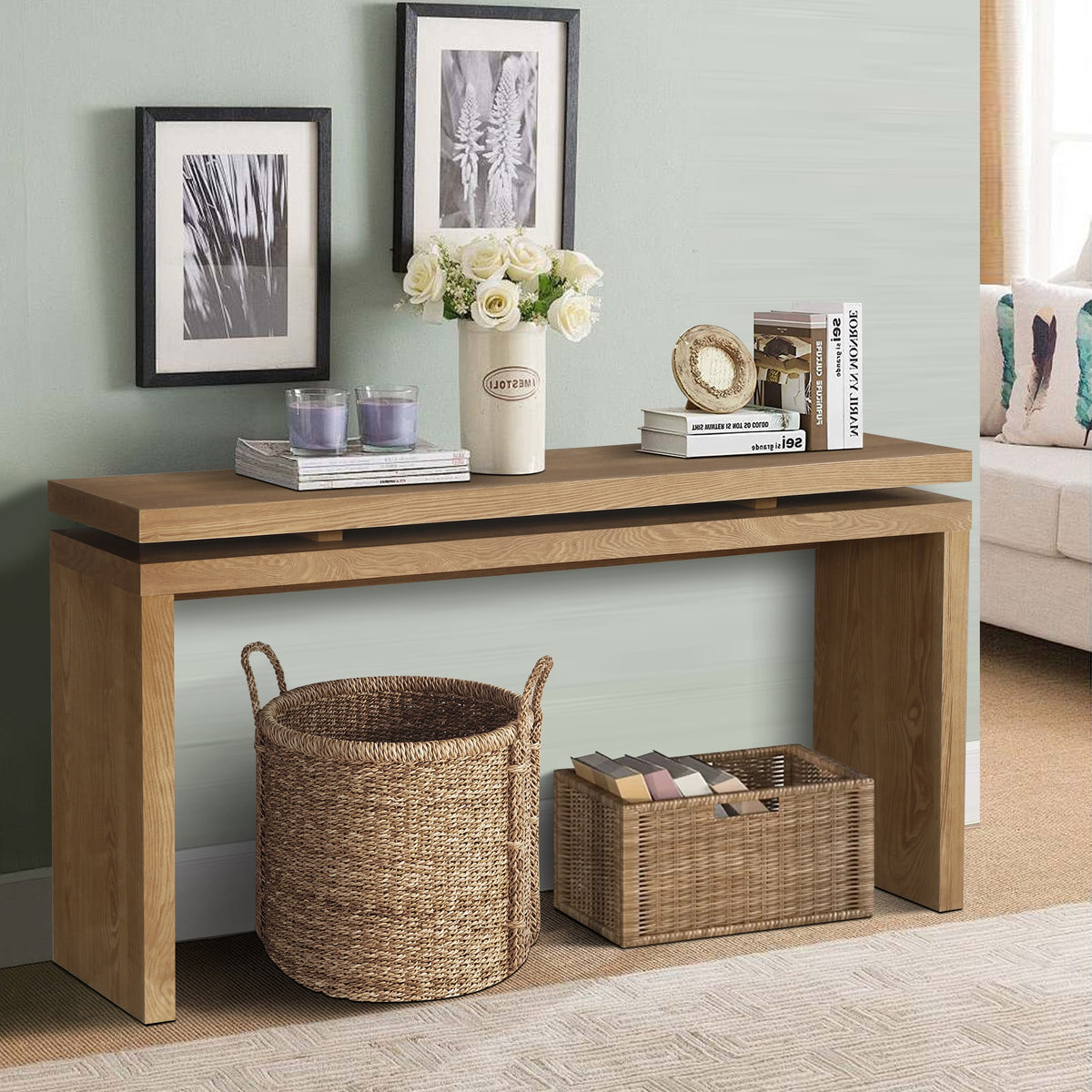 60'' Antique Brown Farmhouse Console Table - Retro Wooden Entryway Table with Double Board Suspension Design, Solid Wood & MDF, Sofa Table for Living Room
