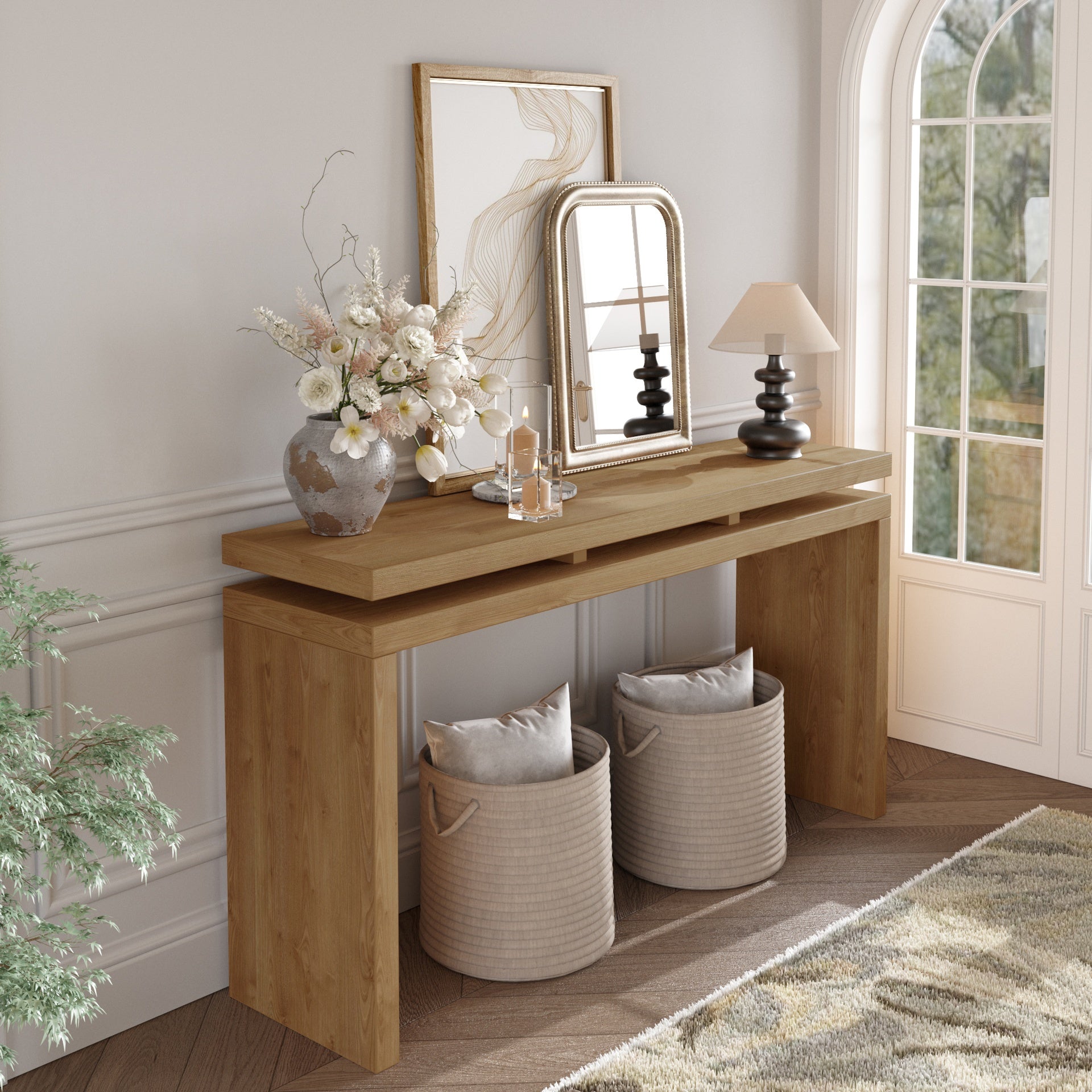 60'' Antique Brown Farmhouse Console Table - Retro Wooden Entryway Table with Double Board Suspension Design, Solid Wood & MDF, Sofa Table for Living Room