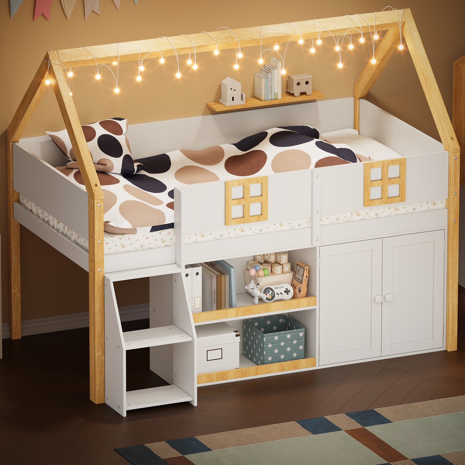 Full-size low loft bed with Step Staircase, Shelving, Cabinets and LED lights, White and Natural