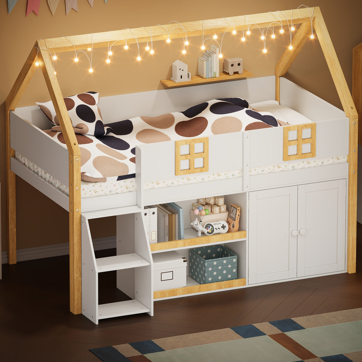 Full-size low loft bed with Step Staircase, Shelving, Cabinets and LED lights, White and Natural