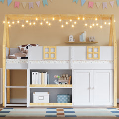 Full-size low loft bed with Step Staircase, Shelving, Cabinets and LED lights, White and Natural