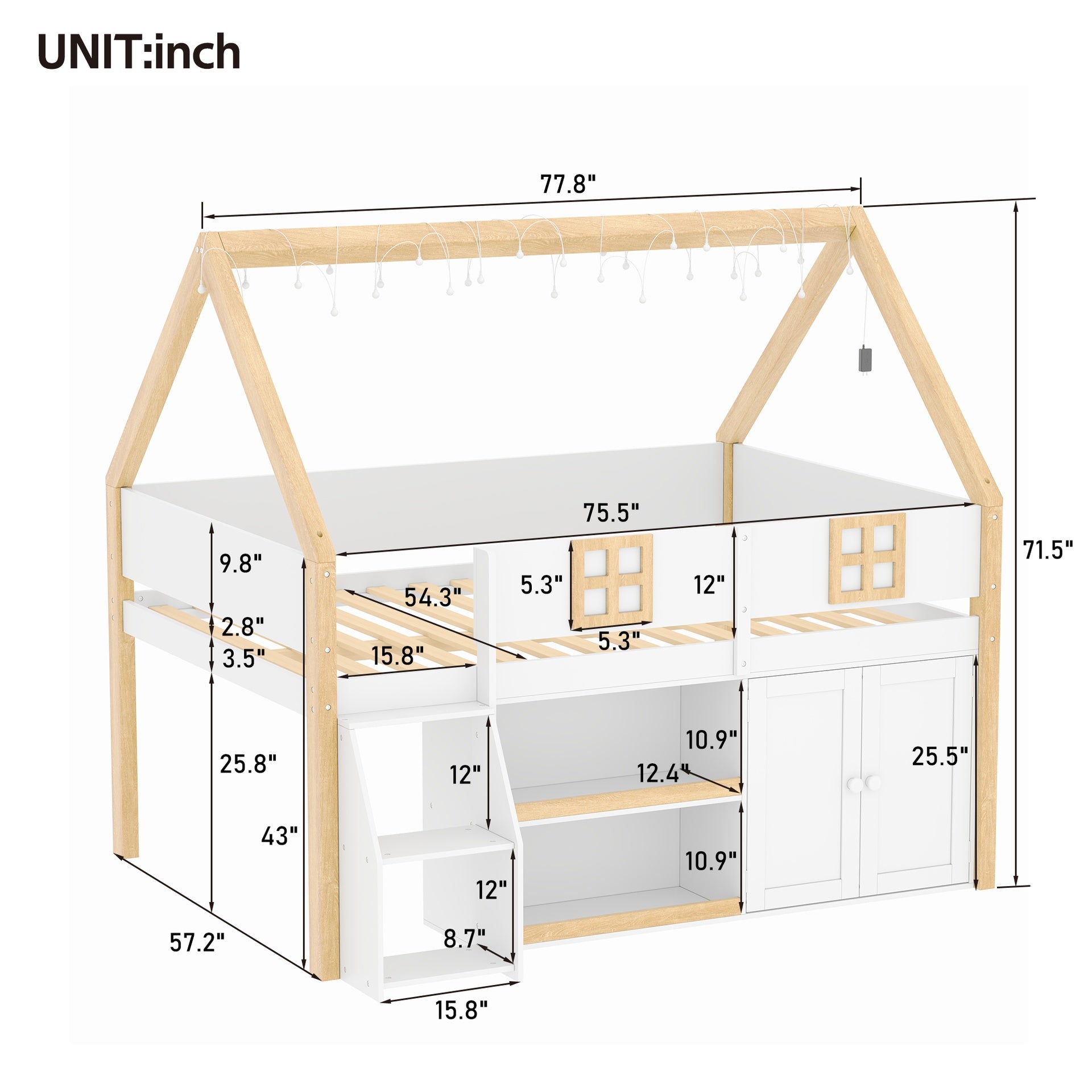 Full-size low loft bed with Step Staircase, Shelving, Cabinets and LED lights, White and Natural