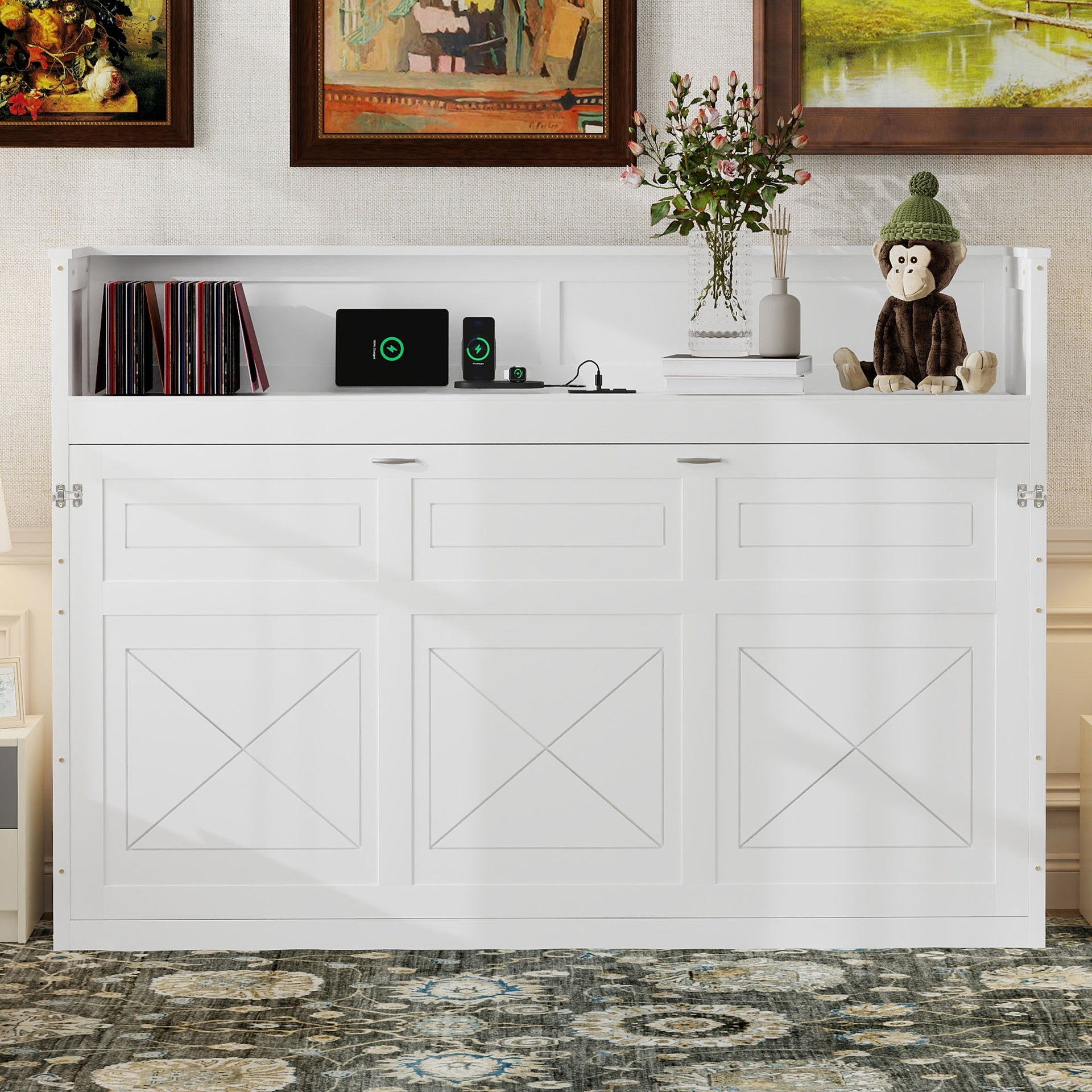 Twin XL Size Murphy Bed with Desk,LED Light and USB Charging Station,White
