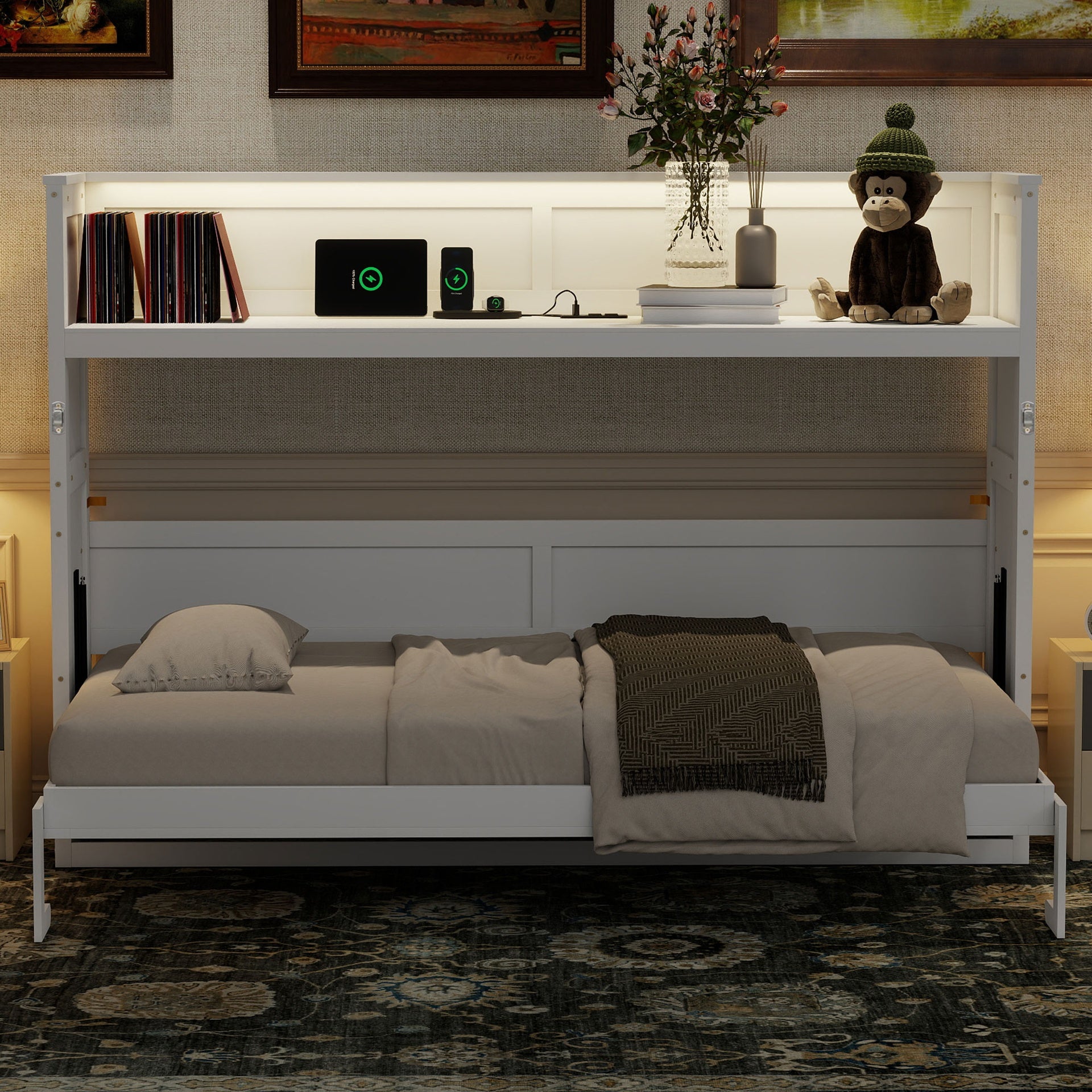 Twin XL Size Murphy Bed with Desk,LED Light and USB Charging Station,White