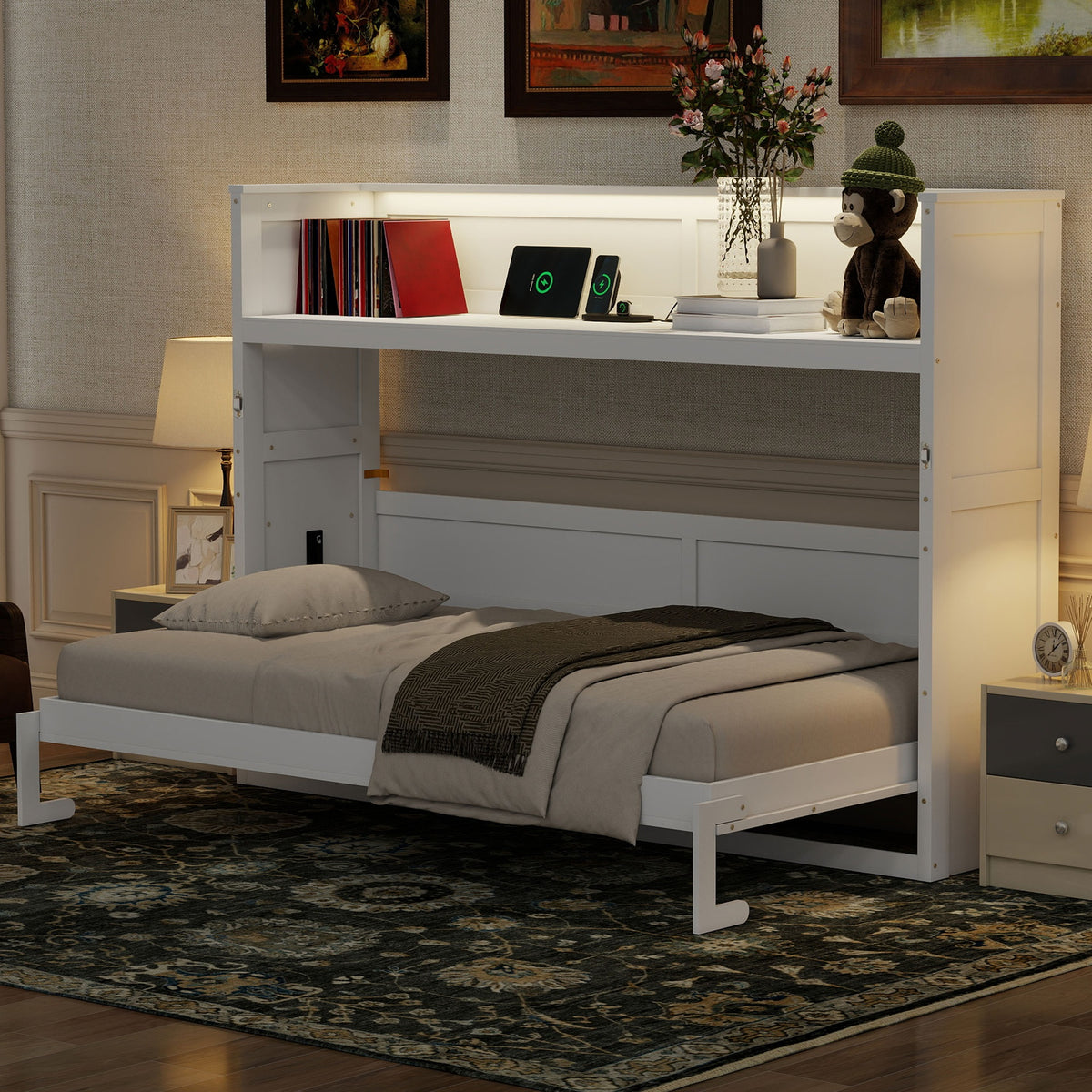 Twin XL Size Murphy Bed with Desk,LED Light and USB Charging Station,White