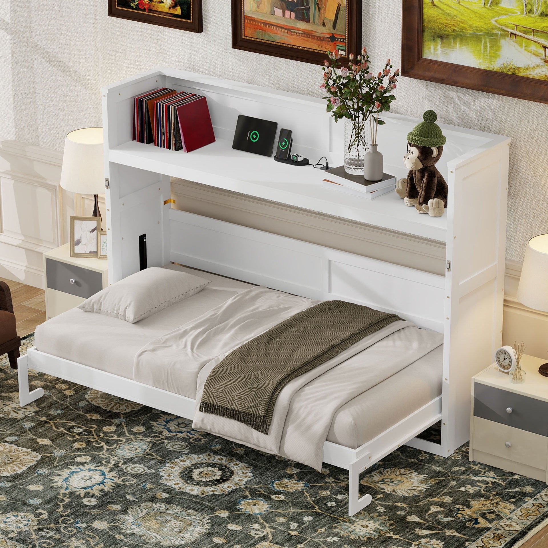 Twin XL Size Murphy Bed with Desk,LED Light and USB Charging Station,White