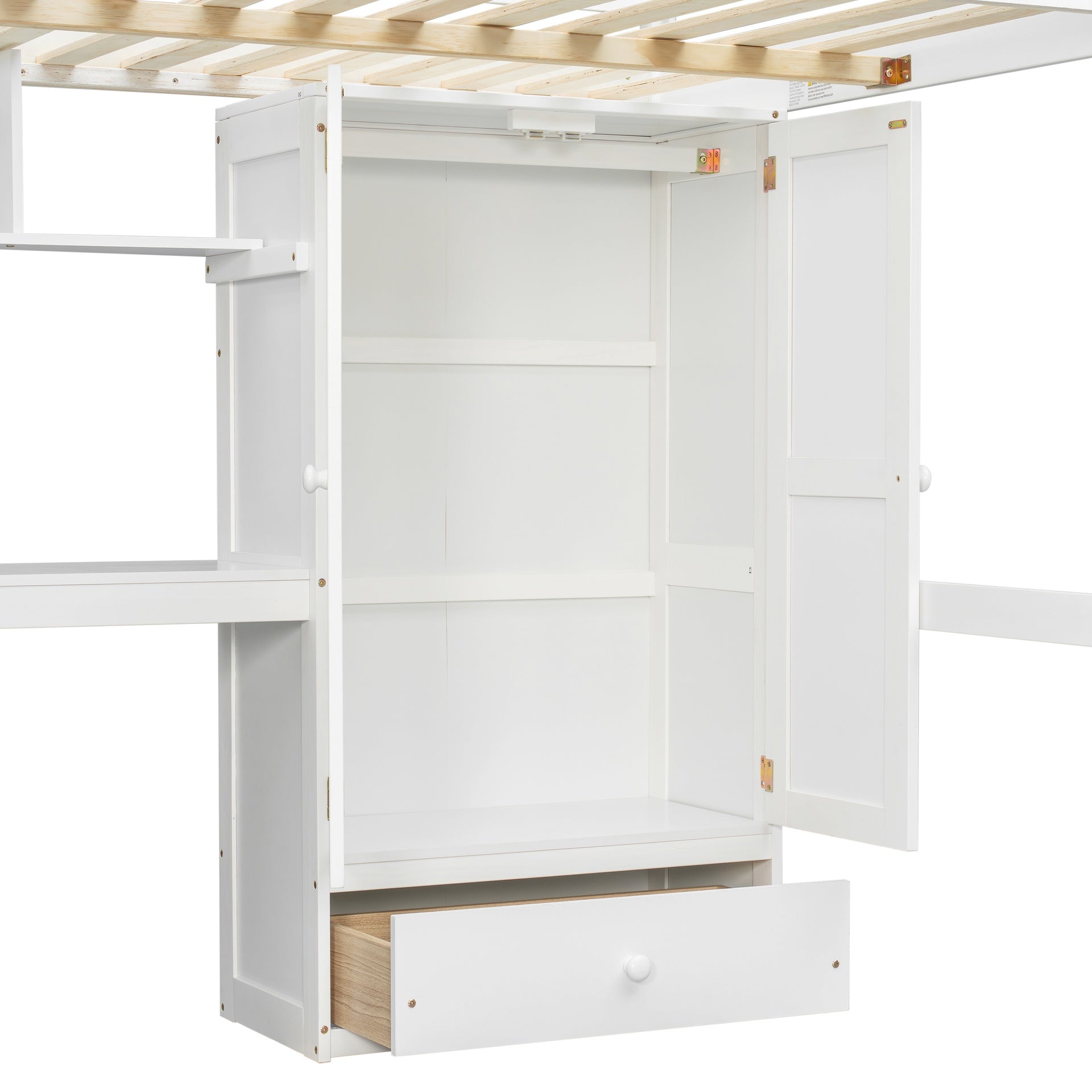 Full Size Loft Wood Bed with Desk, Book shelves and Wardrobe with Doors and Drawer, Built-in Staircase with Storage Shelves, Loft Bed with Safety Guardrails and Solid Slats,White