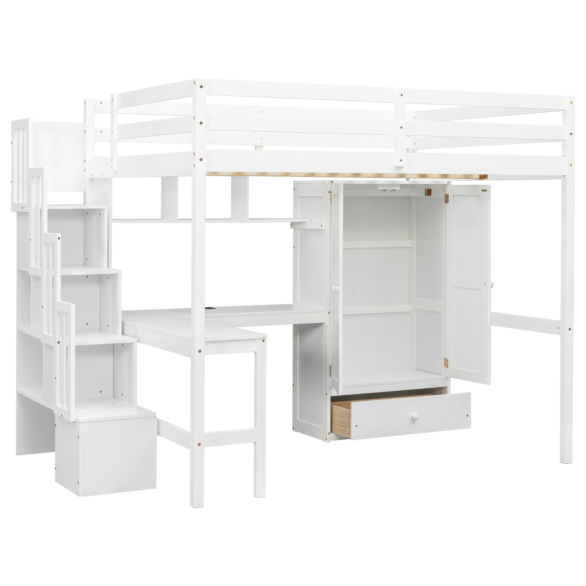 Full Size Loft Wood Bed with Desk, Book shelves and Wardrobe with Doors and Drawer, Built-in Staircase with Storage Shelves, Loft Bed with Safety Guardrails and Solid Slats,White