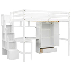 Full Size Loft Wood Bed with Desk, Book shelves and Wardrobe with Doors and Drawer, Built-in Staircase with Storage Shelves, Loft Bed with Safety Guardrails and Solid Slats,White