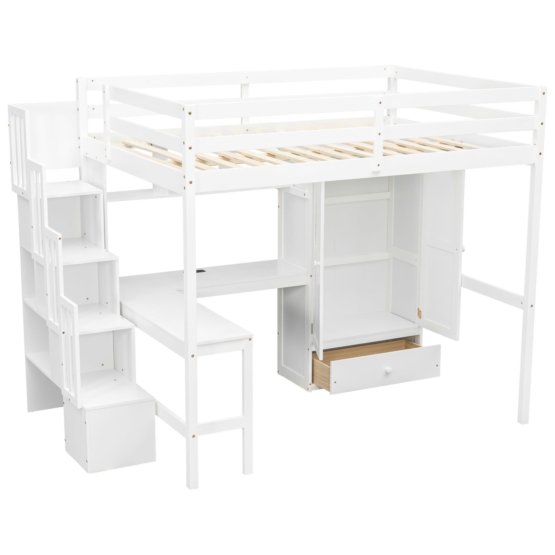 Full Size Loft Wood Bed with Desk, Book shelves and Wardrobe with Doors and Drawer, Built-in Staircase with Storage Shelves, Loft Bed with Safety Guardrails and Solid Slats,White
