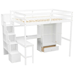 Full Size Loft Wood Bed with Desk, Book shelves and Wardrobe with Doors and Drawer, Built-in Staircase with Storage Shelves, Loft Bed with Safety Guardrails and Solid Slats,White