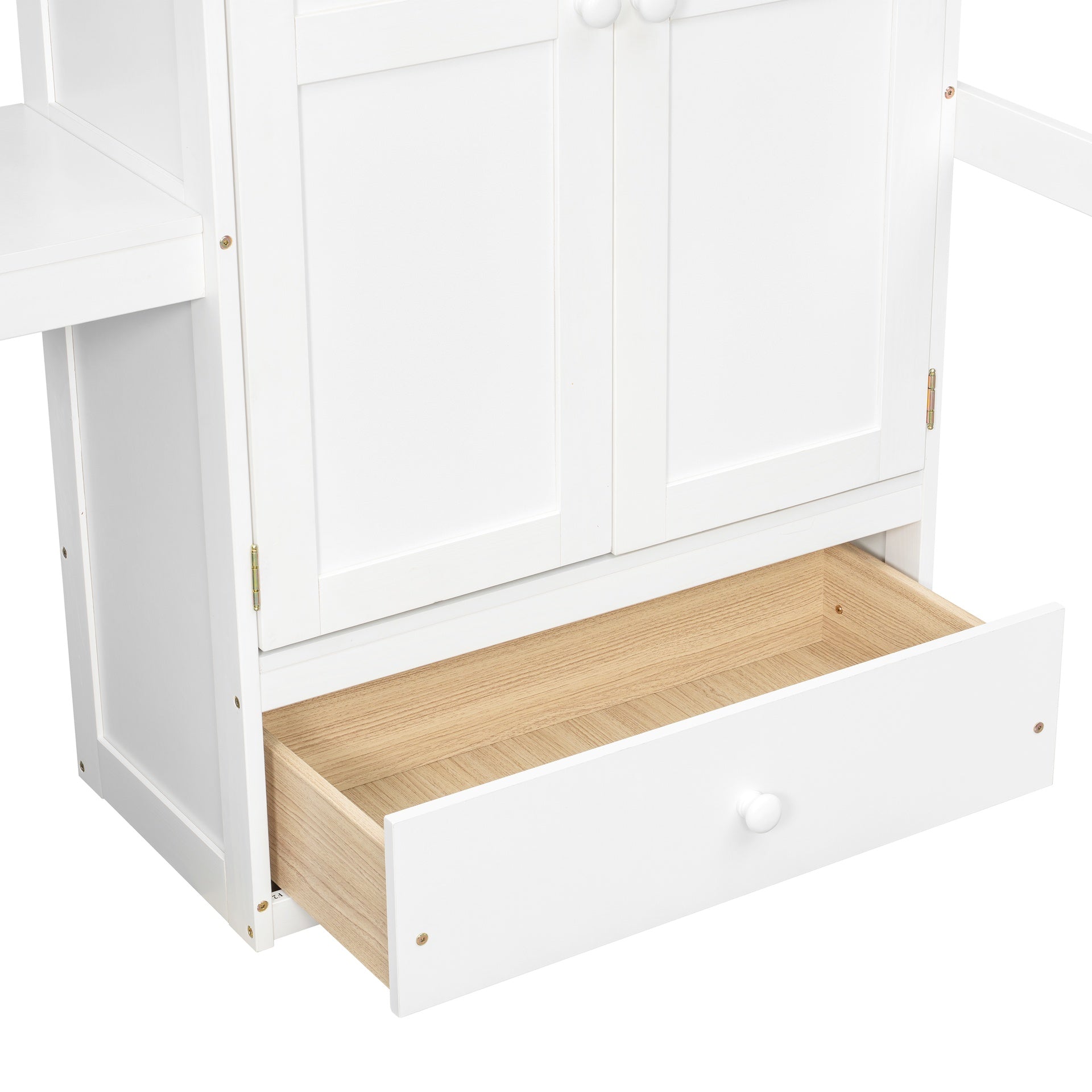 Full Size Loft Wood Bed with Desk, Book shelves and Wardrobe with Doors and Drawer, Built-in Staircase with Storage Shelves, Loft Bed with Safety Guardrails and Solid Slats,White