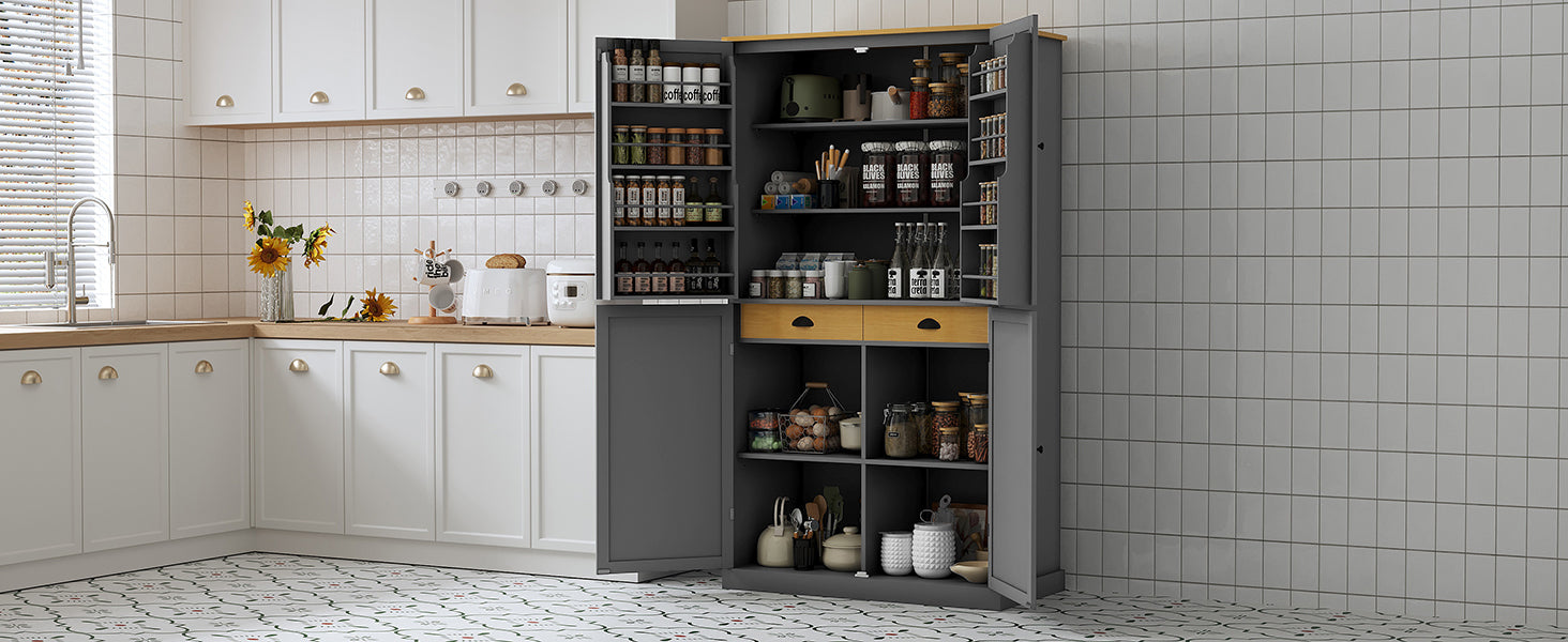 [Assembly Video Provided]TOPMAX 40.2x20x71.3inch High Freestanding Kitchen Pantry Large Cupboard Storage Cabinet with 2 Drawers, 2 Adjustable Shelves, 8 Door Shelves for Kitchen, Dining Room,Gray